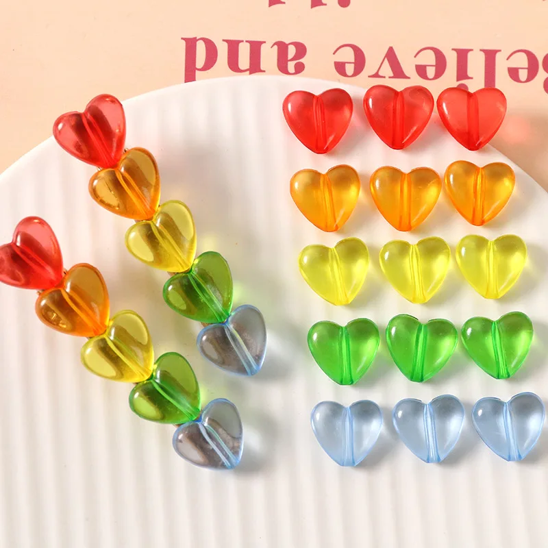 

Trendy 100pcs 13*14mm Transparent Colorful Acrylic Plastic Love Heart Beads Fit Ornament Accessories Material Beading Decor