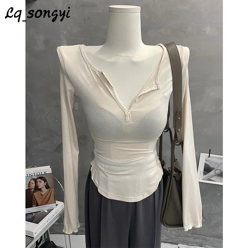 

Lq_songyi V Neck Thin T Shirts Sexy Base Slim T Shirt Women High Strech Tight Tops 2024 Spring Long Sleeve Solid See-through Top