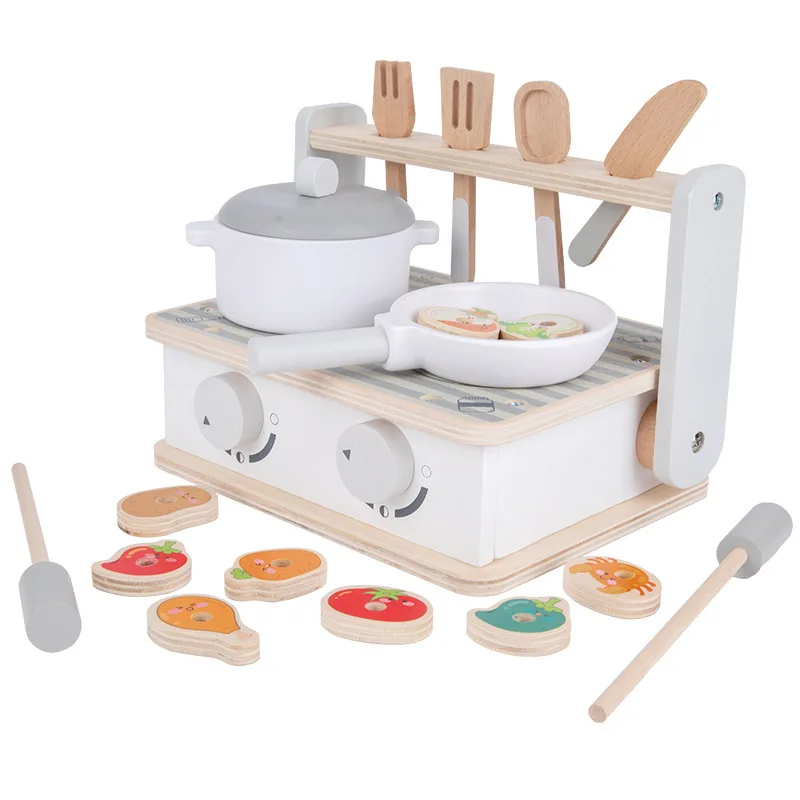 DokiToy Children's Wooden Portable Mini Kitchen Household Gas Stove Toy Children's Cooking And Frying Set Simulation Tableware