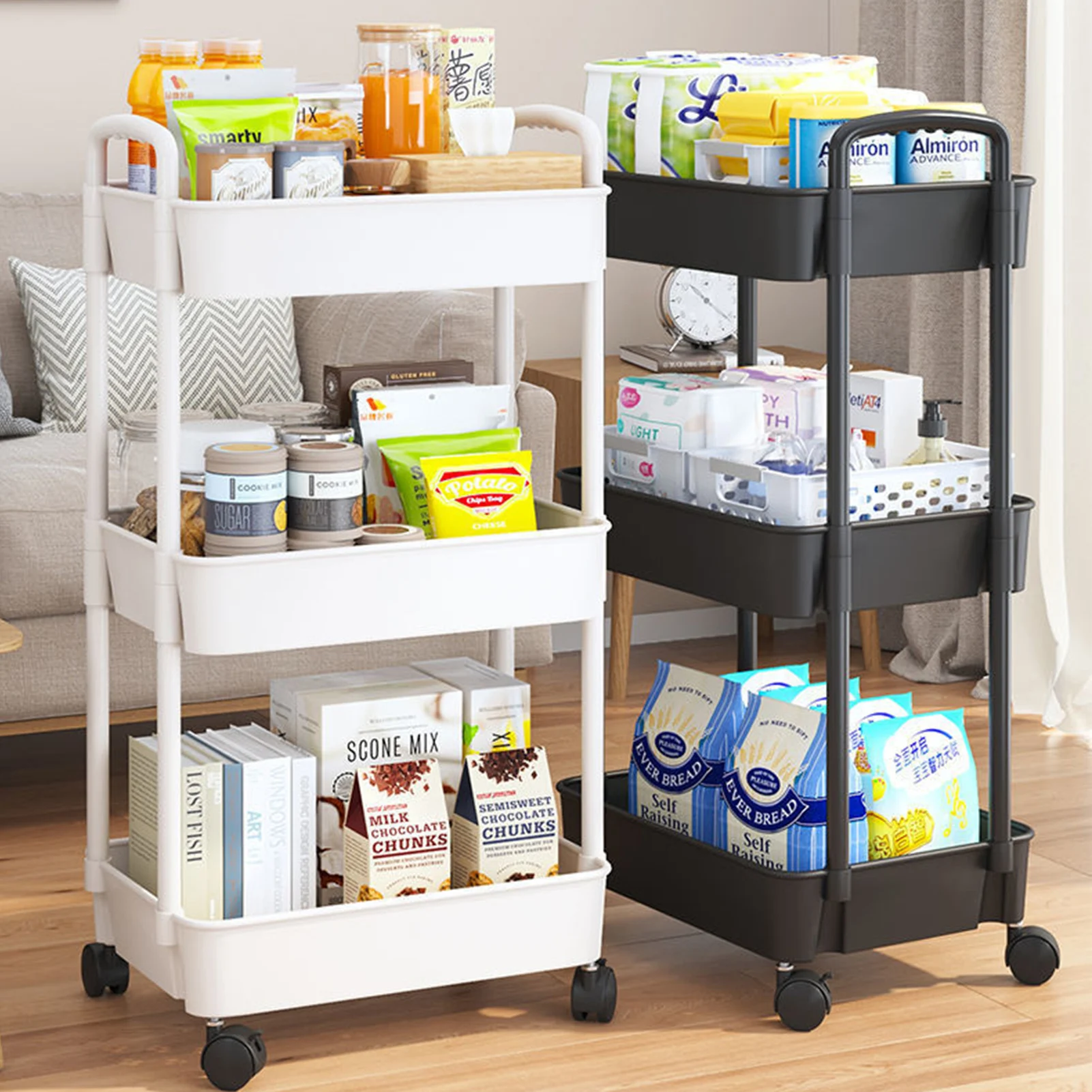 

3 Tier 2Colors Slim Storage Cart Mobile Shelving Unit Organizer Slide Out Trolley Rolling Utility Narrow Rack Kitchen Bathroom