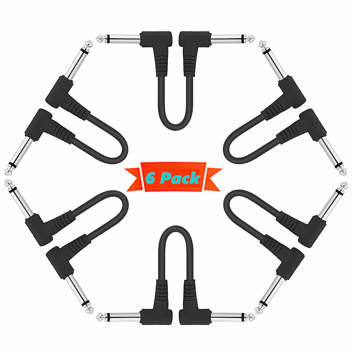 6 Inch Guitar Patch Cables Black Guitar Pedal Cable Effect Cable Cord 1/4" inch TS Right Angle Patch 6 Pack