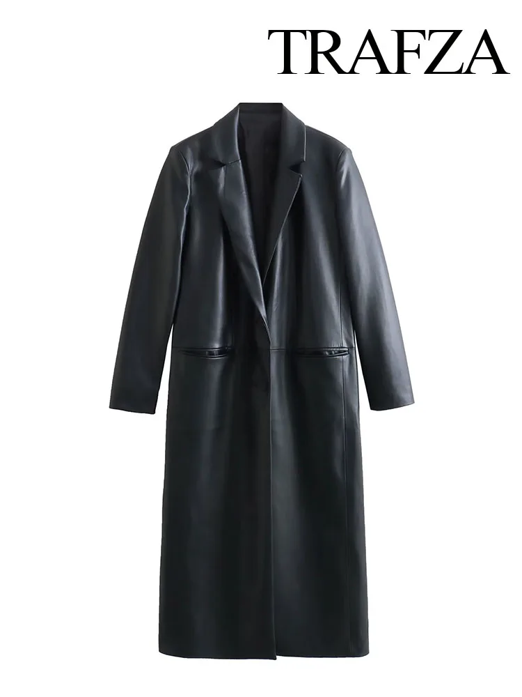 

TRAFZA New Fashion Woman Slim Long Outerwear Women Oversized Black Faux Leather Coat For Lapel Vintage PU Windbreaker Jacket