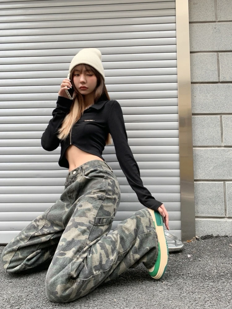 

JMPRS Fall New American Camouflage Pants Women Hip-hop Loose Wide-leg Cotton Jeans Female Ins Cotton Denim Trouser Streetwear
