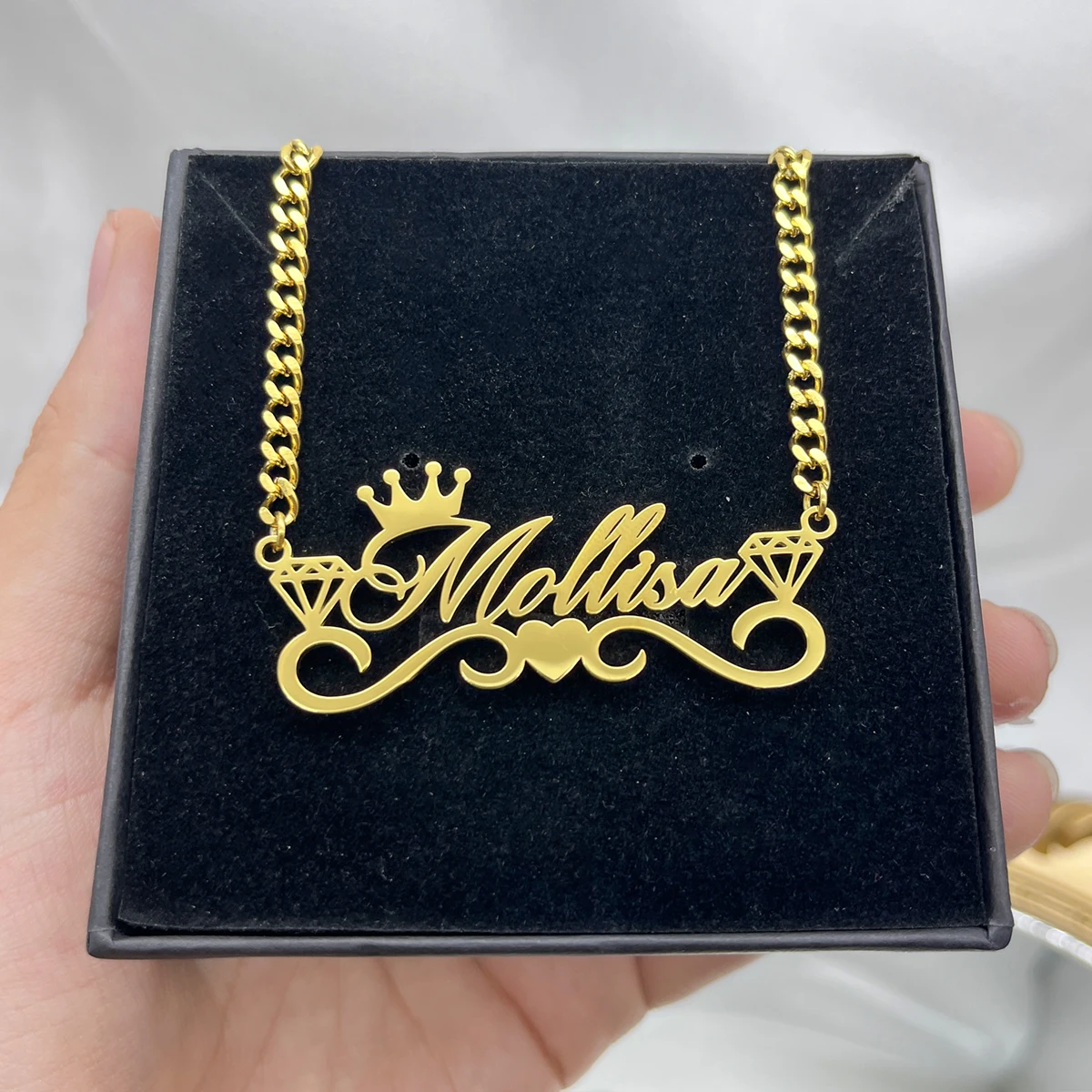 Custom Name Necklace with Crown Personalized Cuban Chain Necklace Stainless Steel Nameplate Necklace for Women Gift