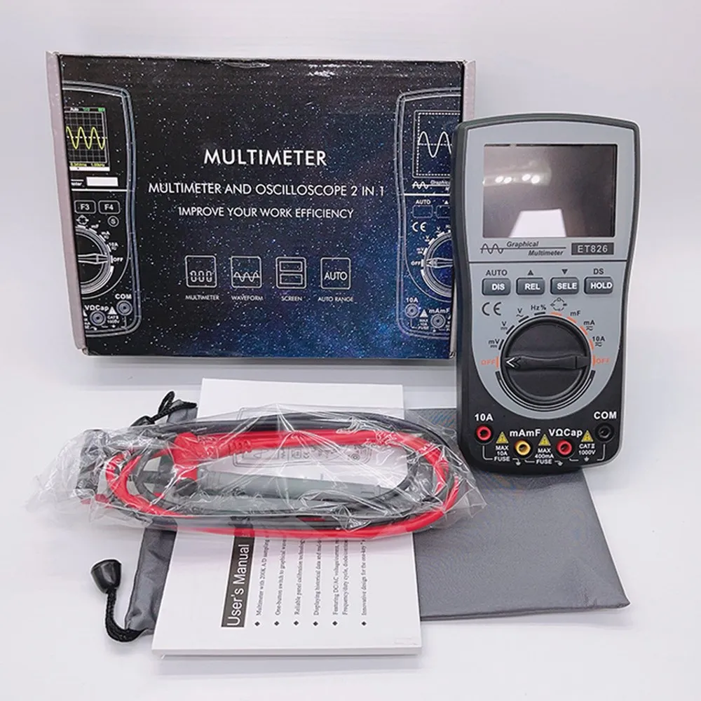 ET827 Handheld Digital Oscilloscope Multimeter Portable Smart DC/AC Current Voltage Resistance Frequency Diode Tester 4000 Count 4