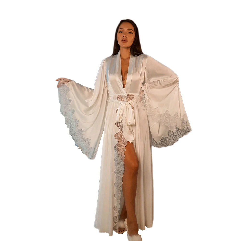 Classic Silk Women Sleepwear With Soft Lace Sexy Nightgown Full-sleeves Belt Floor-Length Pajamas Luxury Gowns Nightwear