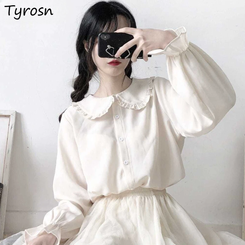 

Solid Shirts for Women Flare Sleeve Peter P[an Color Japaness Style Spring Summer Fashion Leisure Simple All-match Students Cute