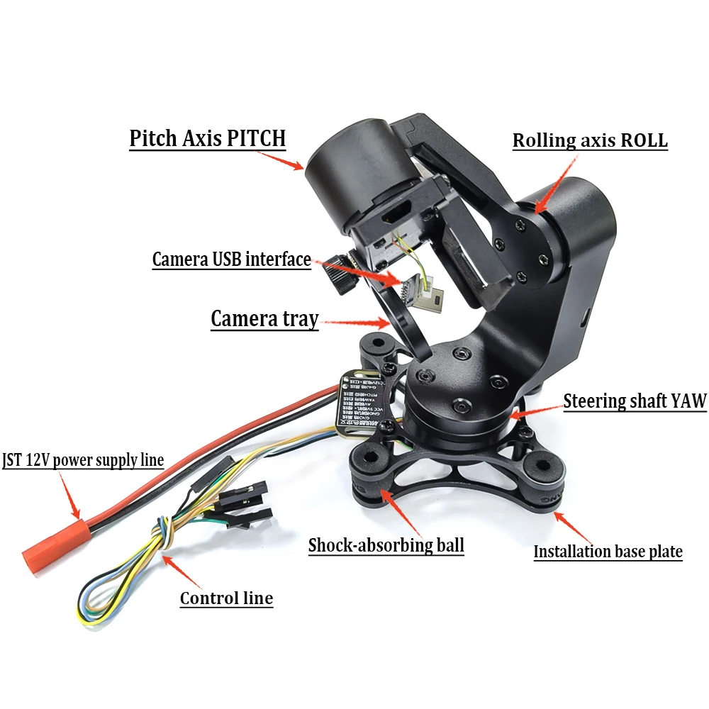 Détail des moteurs brushless et du contrôleur du Gimbal 3 Axes, conçu pour stabiliser une GoPro ou SJ4000 en vol FPV.
