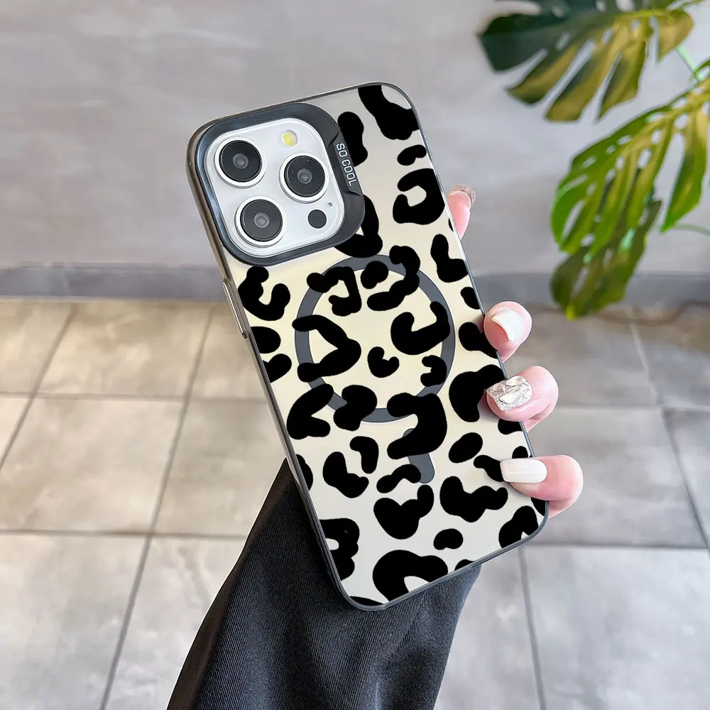 INS Brown Leopard Print Y2K Magsafe Magnetic Soft Silver Plated Phone Case Cover