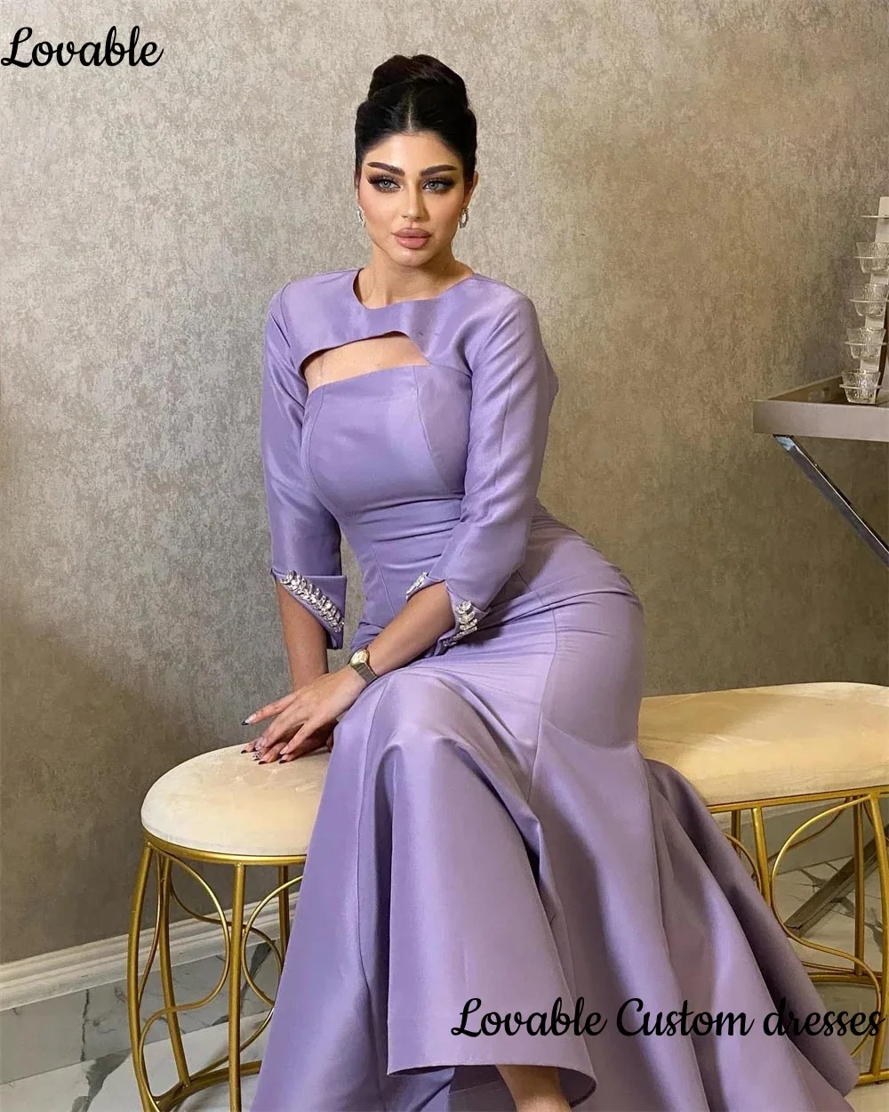 Evening Dresses Mermaid Satin Ankle Length Zipper Back O-Neck Lavender Long
