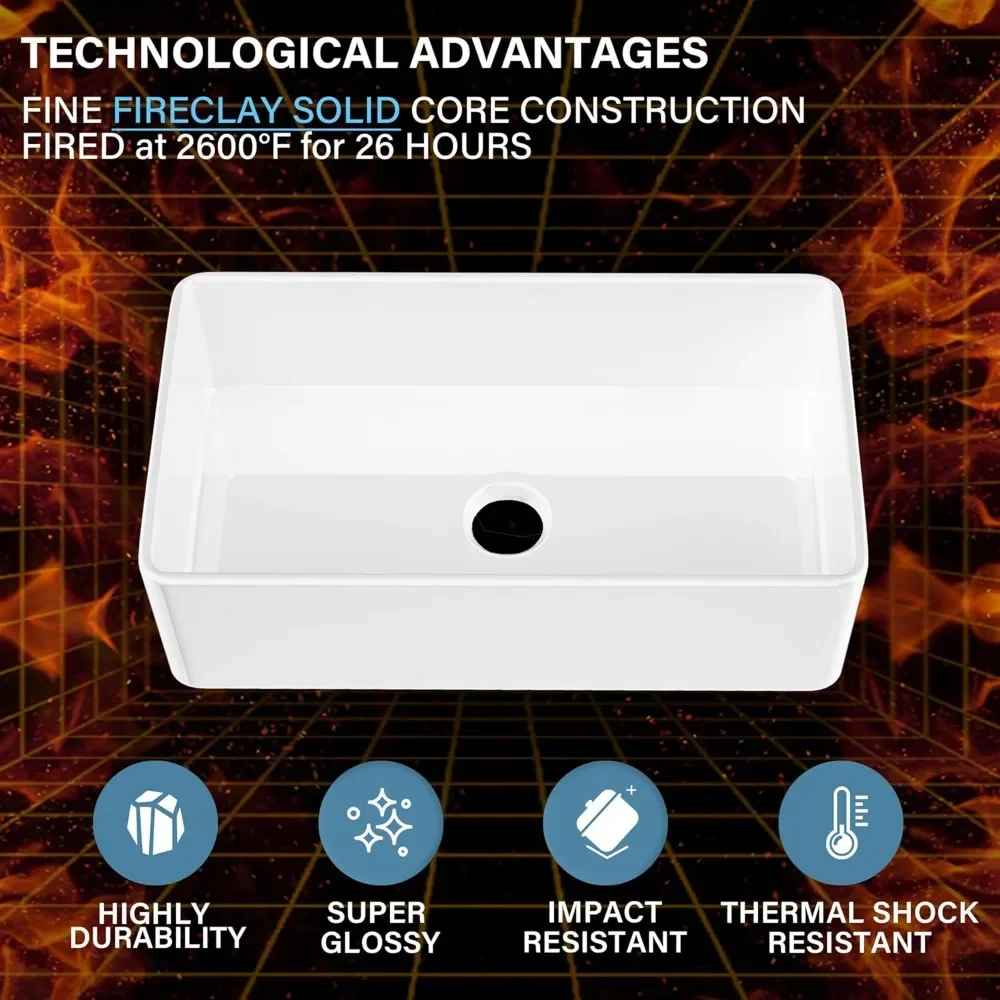 NEW-White Farmhouse Sink 33 x 18 Inch, Firecaly Apron Front Farm Sink, Heavy Duty, Large Capacity Single Bowl, with Accessories