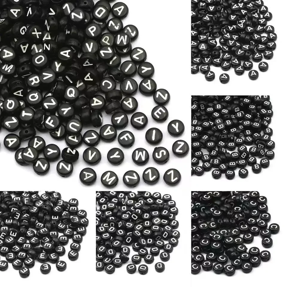 100-500PCS 블랙 라운드 아크릴 편지 구슬 A-Z 알파벳 느슨한 구슬 보석 만들기 DIY 목걸이 팔찌 수제 공예