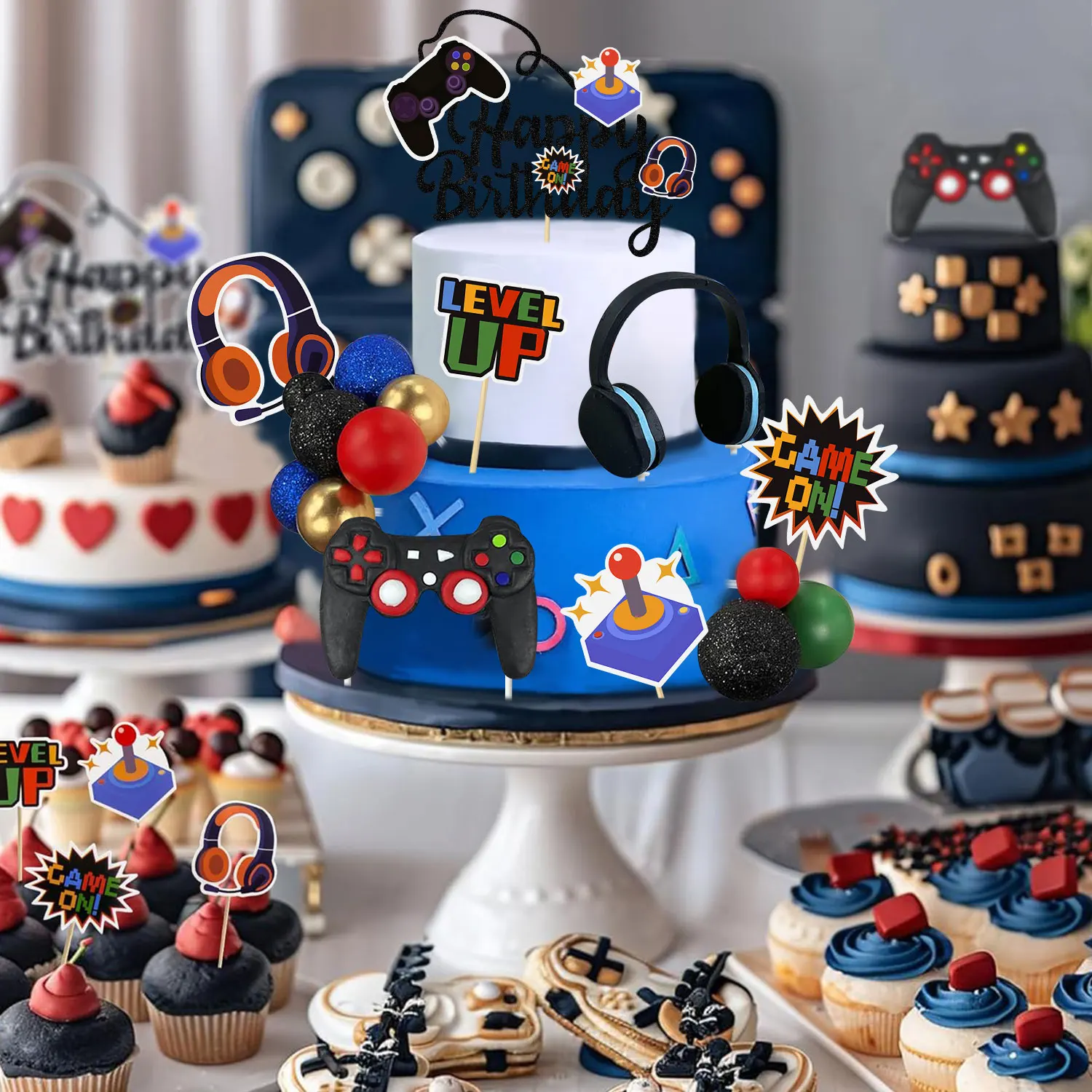 Videospiel-Kuchenaufsätze, Videospiel, alles Gute zum Geburtstag, Controller, Headset, Kuchendekoration für Spielthema, Geburtstagsparty-Zubehör – Detail 3
