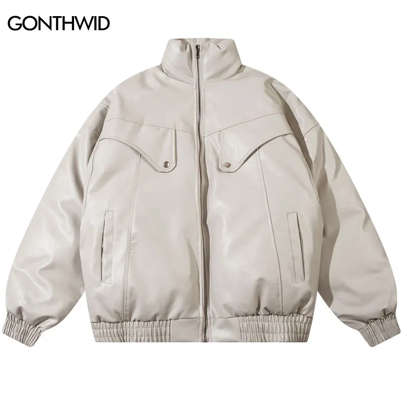 

Winter Leather Jacket Parka Streetwear Hip Hop Solid Color Thick Warm Motorcycle Bomber Jacket 2023 Harajuku Casual Parkas Coats