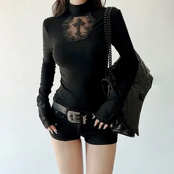 Turtleneck Top Y2k Clothes Black Gothic Cross Hollow out Slimming Bottoming shirt for Women Long Sleeve Sexy T-shirt Girls Tops 1