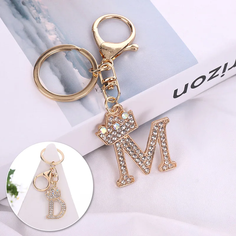 

Car Bag Crystal Rhinestone Pendant Key Chains Fashion Charm 26 English Letter A-Z Alphabet Keychains with Crown Name Key Rings