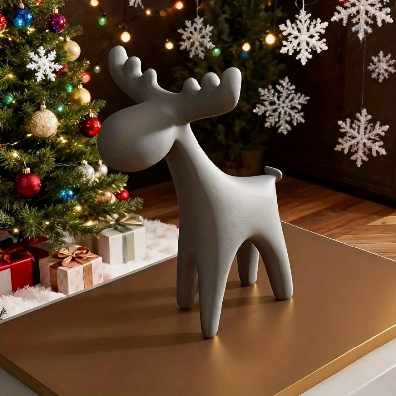 White Modern Minimalist Deer Statue – Elegant Small Stag Sculpture with Large Antlers, Cute Plastic Animal Decoration