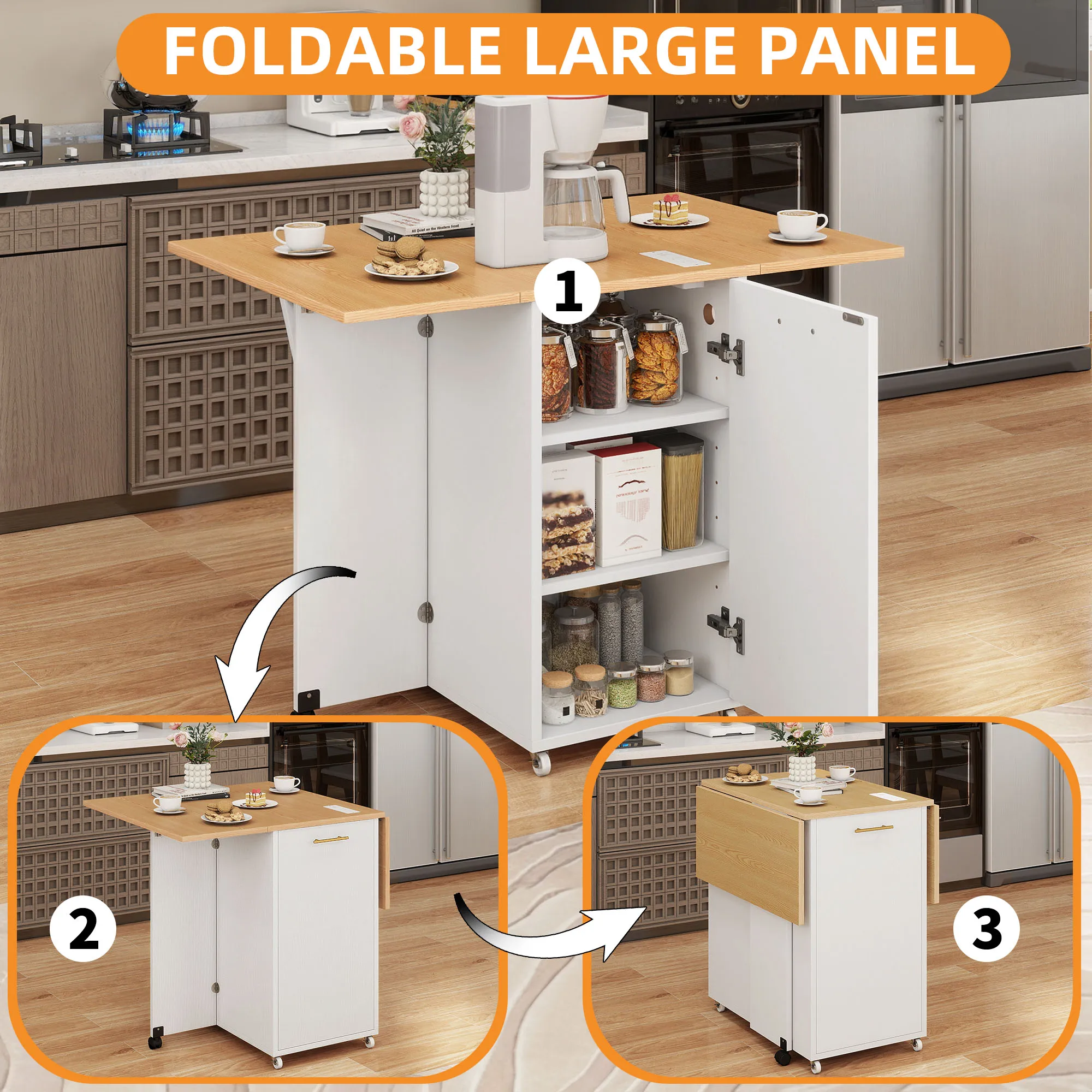 Kitchen Island Cart Rolling Folding Kitchen Cart with Trash Can & Power Outlet