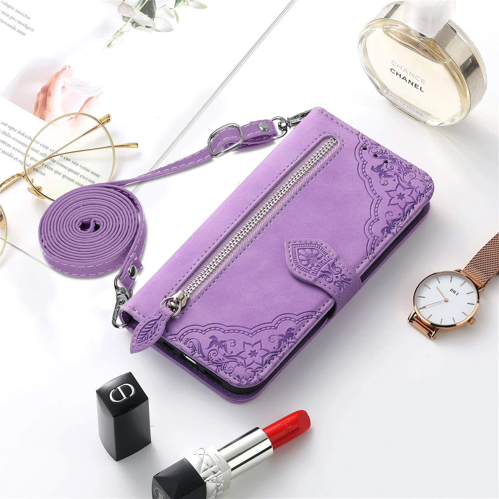Leather Lanyard Zipper Wallet Crossbody Case