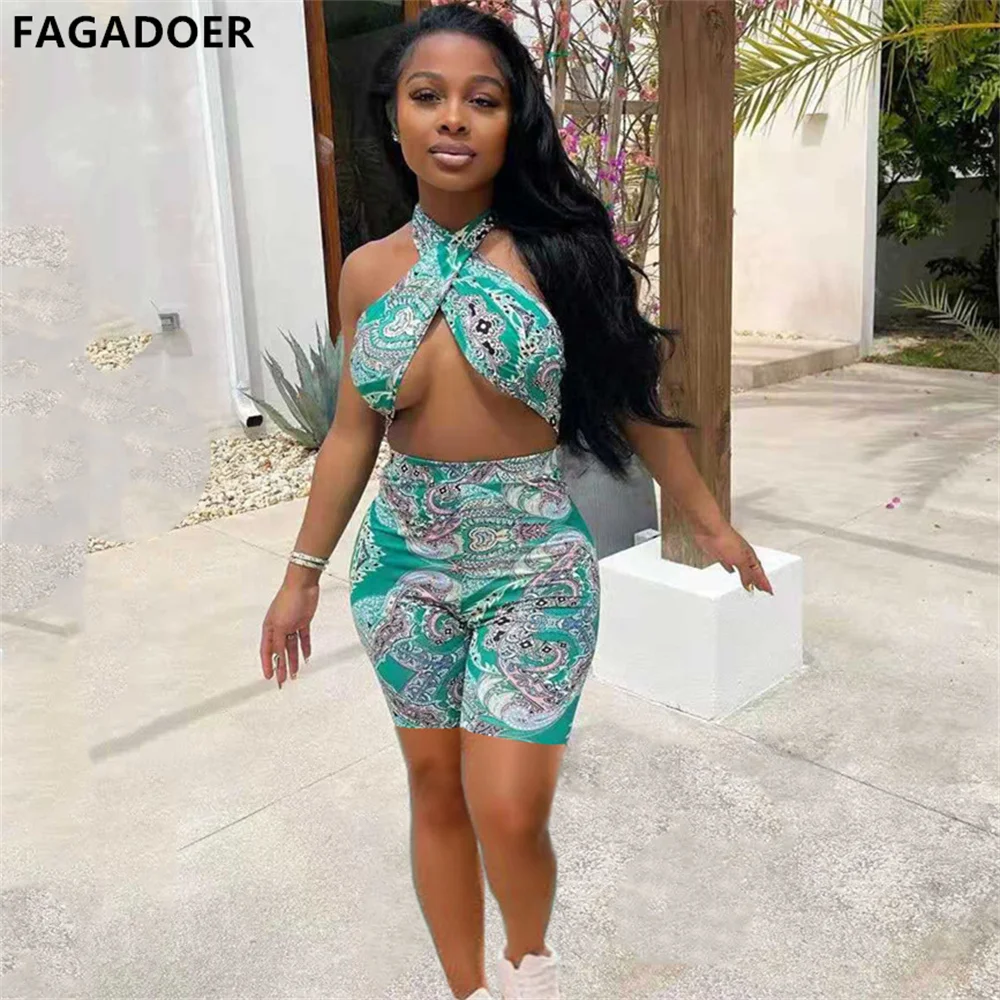 FAGADOER Women Paisley Print Sexy Cut Out Front Cross Halter Lace Up Shorts Skinny Party One Piece Outfit Romper Summer Bodysuit