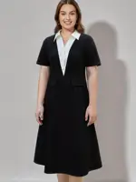 DUSHU Women Summer Long Dress Casual Style Fake Two Piece Female Patchwork X-LINE Dress Polo Neck Women Dress 25DS82123