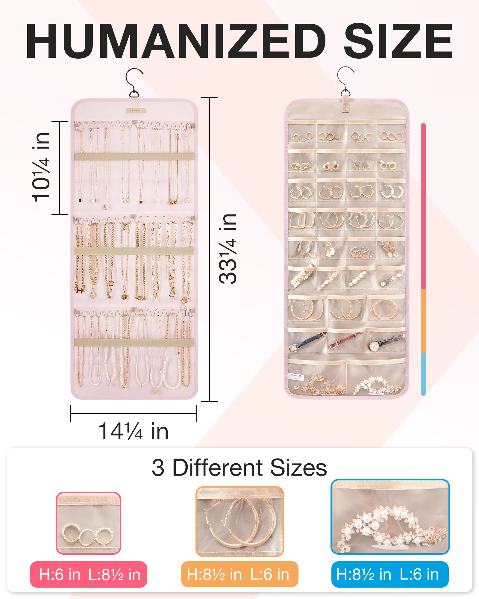 Organizer Da Appendere Per Gioielli SIMSIN, Doppio Lato, Con Ganci Metallo E Tasche Trasparenti, 58x35 Cm