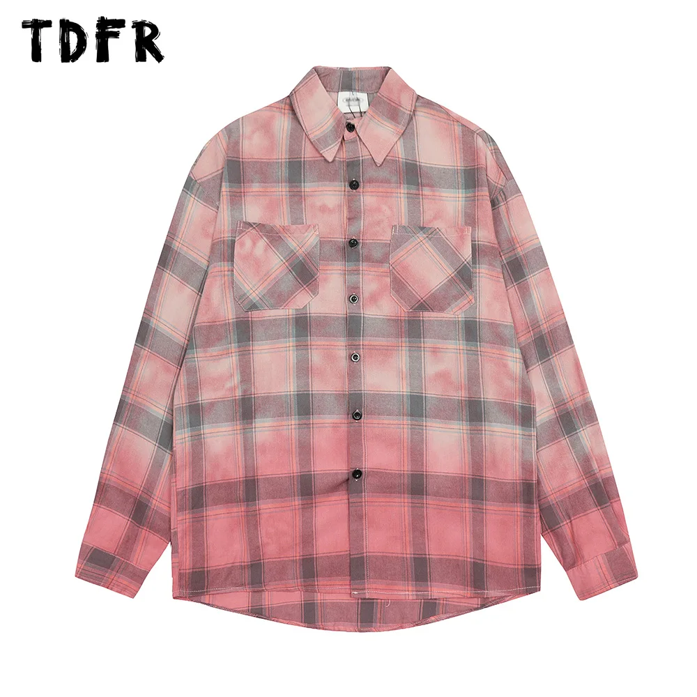 

Letter Print Long Sleeve plaid Shirts Mens Pocket Autumn Casual Lapel Single Breasted Shirts Men