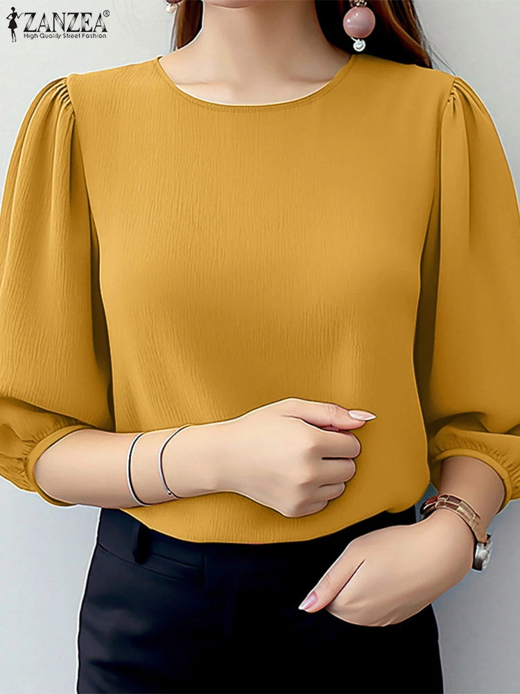 ZANZEA Elegant Women Puff Sleeve Blouses 2025 Summer 3/4 Sleeve O Neck Crinkled Texture Blusas Fashion Solid Color Tunic Tops Best Sellers In Women's Clothing