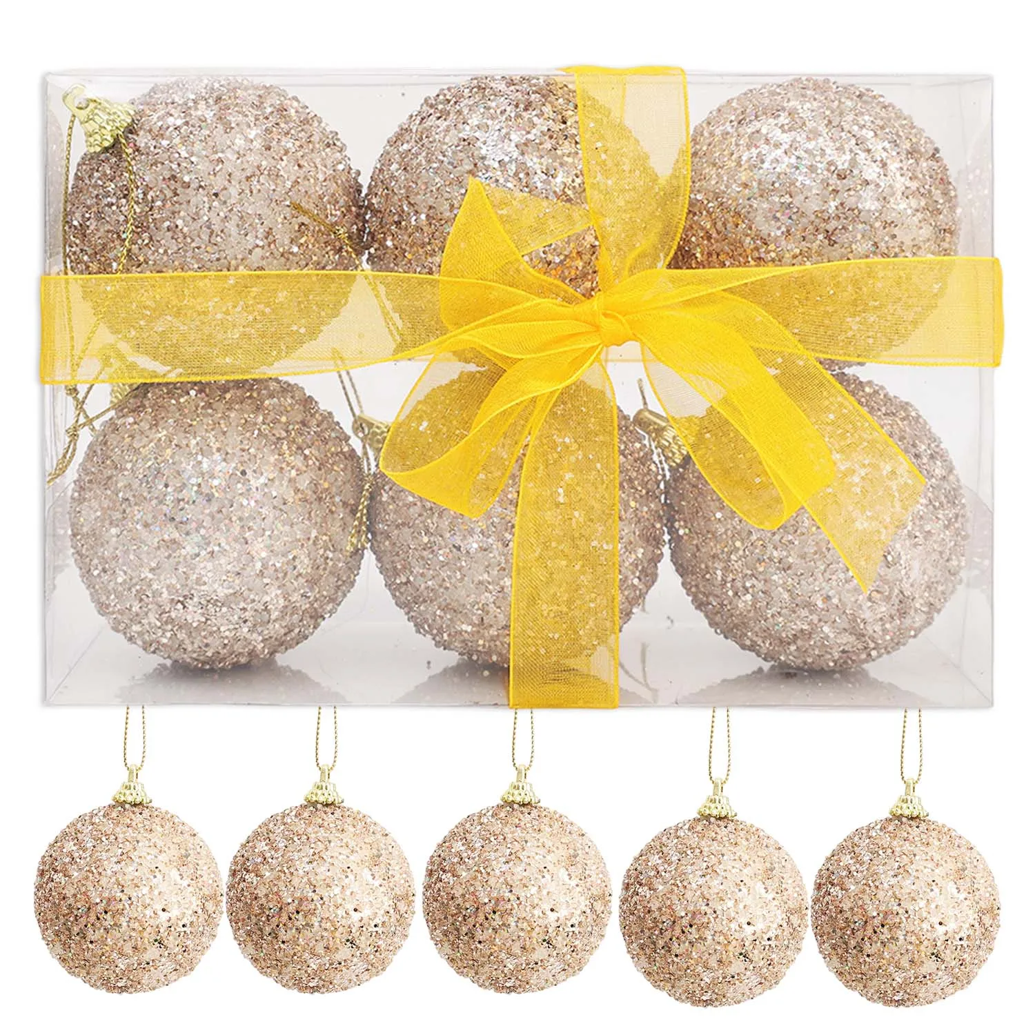 Champagne Gold Glitter Christmas Ornaments - Sparkling 6cm Ball Pendants