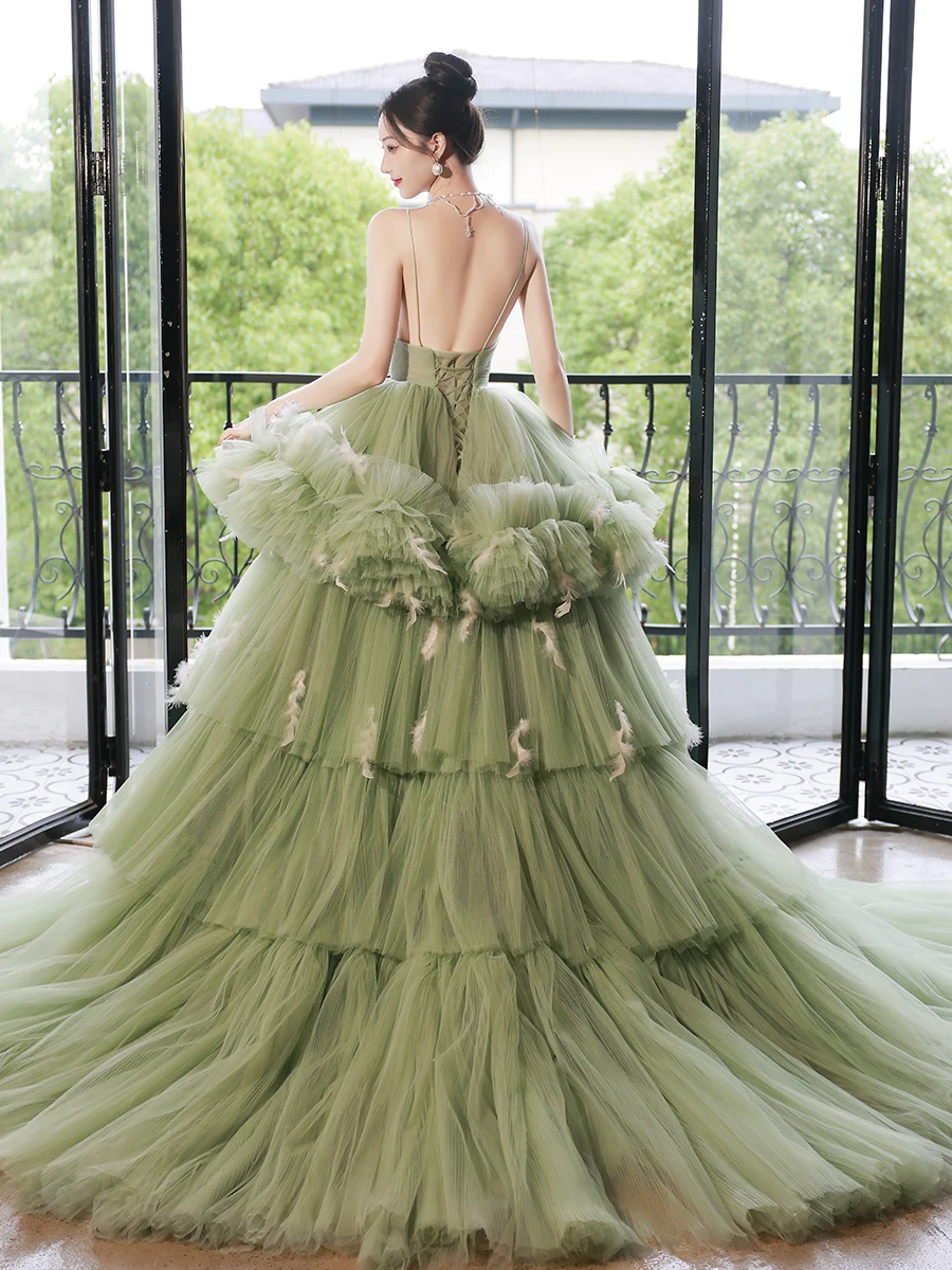 

Green Evening Dress Women's Banquet Sling Princess Cake Dress French Wedding Dress