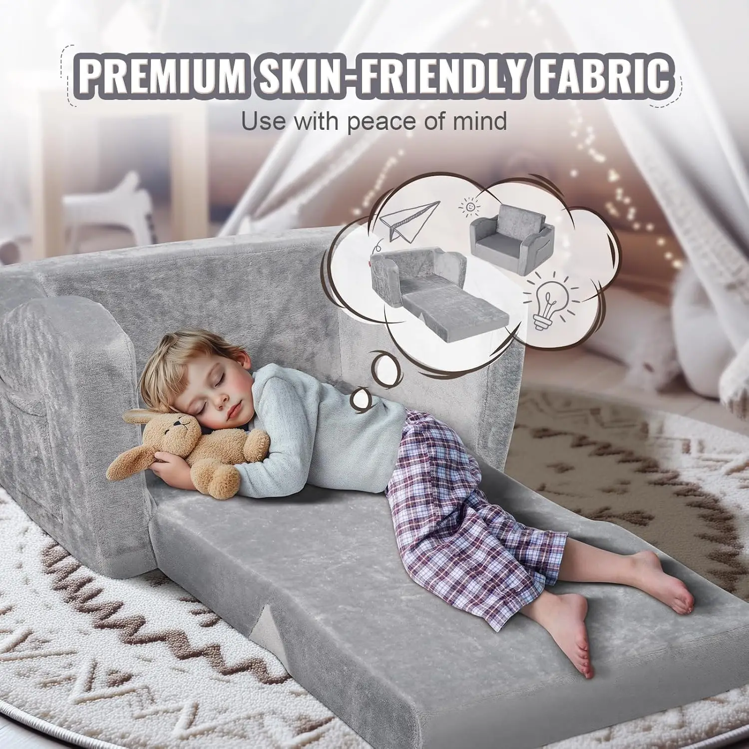 Kids Couch, Toddler Chairs Comfy, 2-in-1 Toddler Couch Sofa Bed Fold Out, Convertible Sofa to Lounger 6