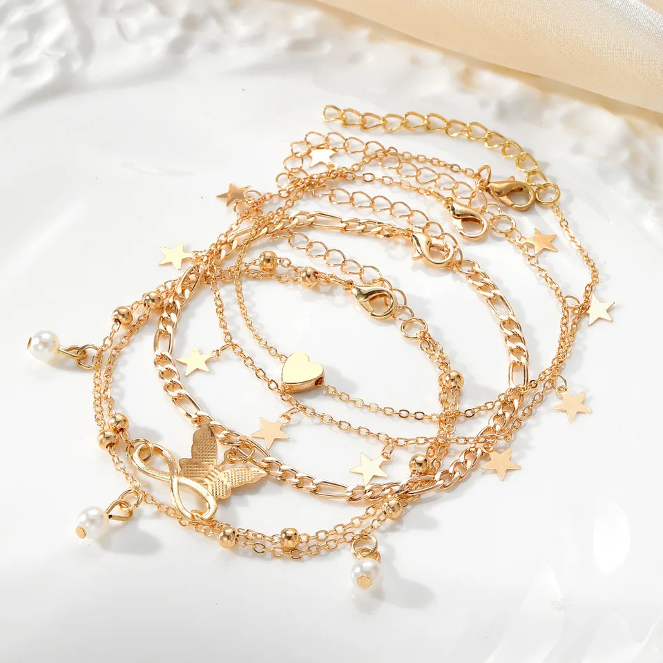 Cavigliera Elegante Con Cuori Bianchi E Cristalli - Doppio Strato Placcato Oro - Gioiello Regolabile Per Donna