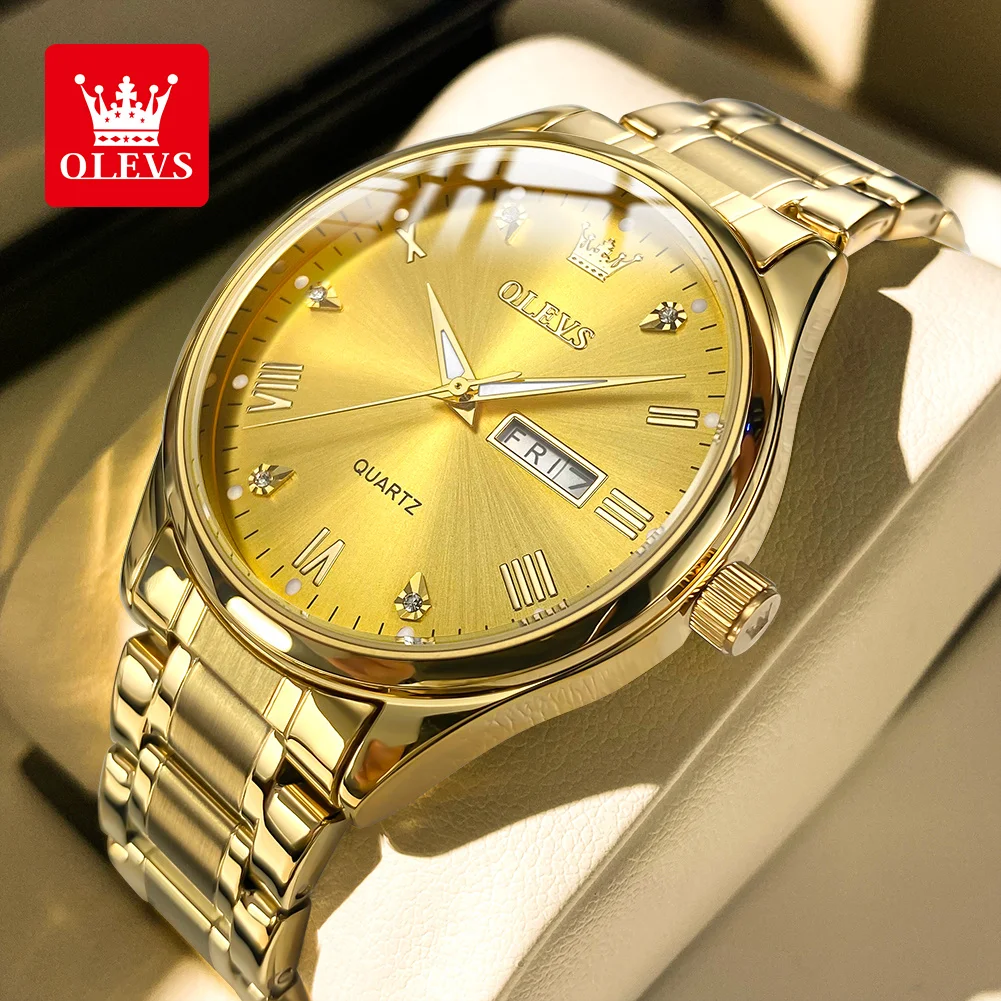 ساعة OLEVS-ساعة يد رجالي ذهبية من الفولاذ المقاوم...