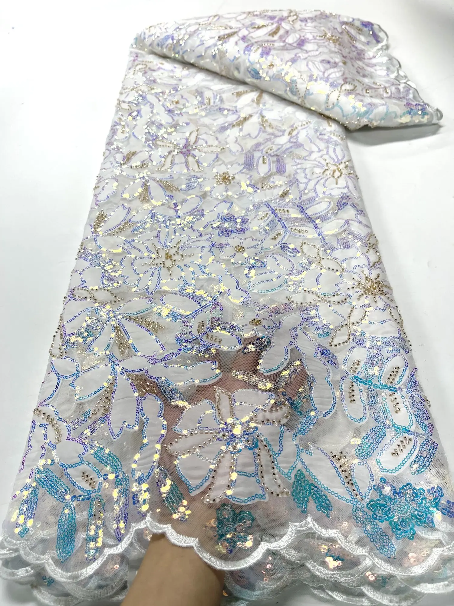 

White 2023 Fashion French Embroidery Tulle Lace Fabric With Sequins African Nigerian Lace Fabric For Wedding Dress
