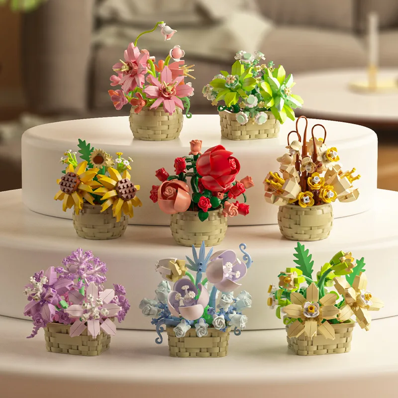 Flower Bouquet Building Blocks Succulents Artificial Basket Kit Bonsai Garden Micro Bricks DIY Potted Plants Model Toys For Kids 1