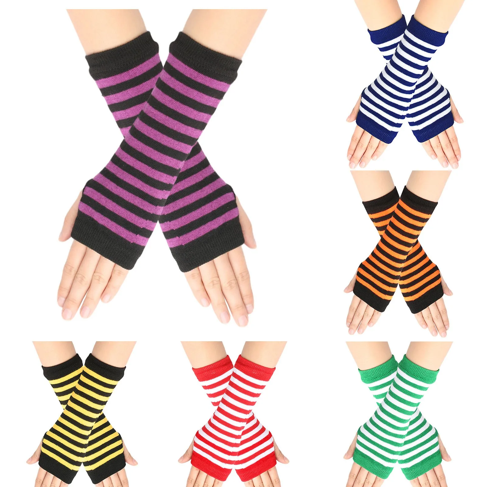 

Unisex Long Fingerless Gloves Gloves Arm Cover Striped Cotton Wrist Sleeves Arm Warmer Sleeve Knitted Gloves Womens Fingerless