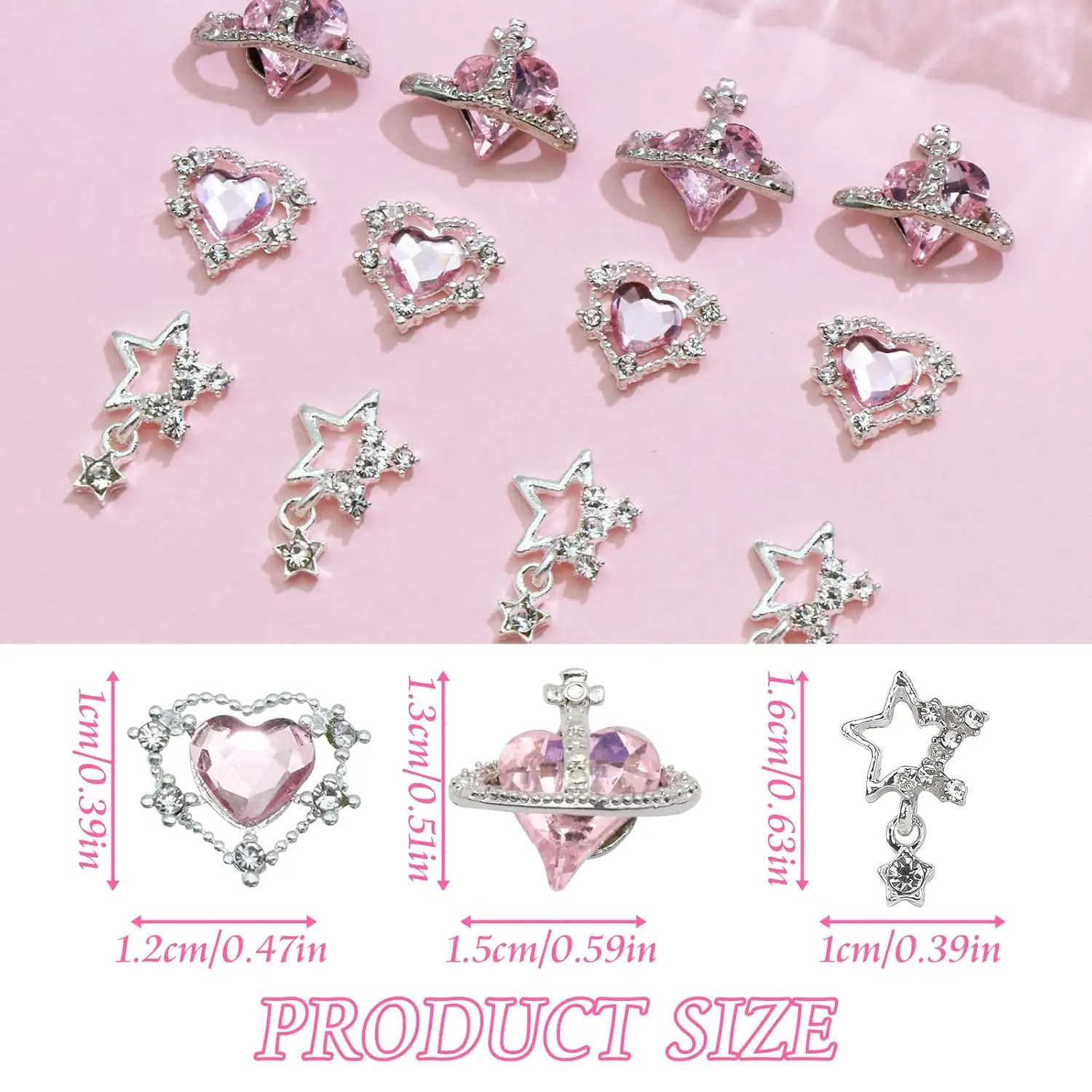 15PCS Nail Art Charms Crystal Heart Nail Charms Pink Shiny Planet Charms 3D Alloy Star Nail Charm Shiny Flatback Diamond Nail 2