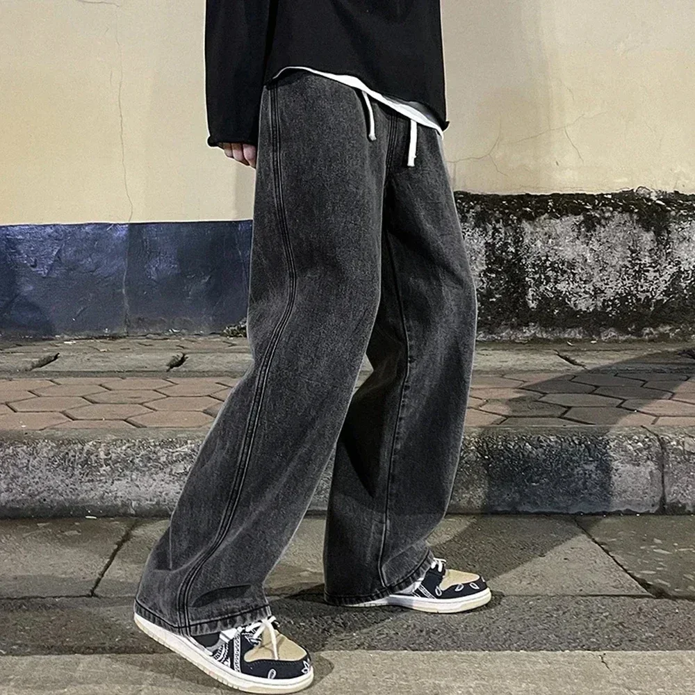 High Waist Ripped Straight Jeans Blue Denim Trousers Y2k Korean Clothing Streetwear Baggy Pants