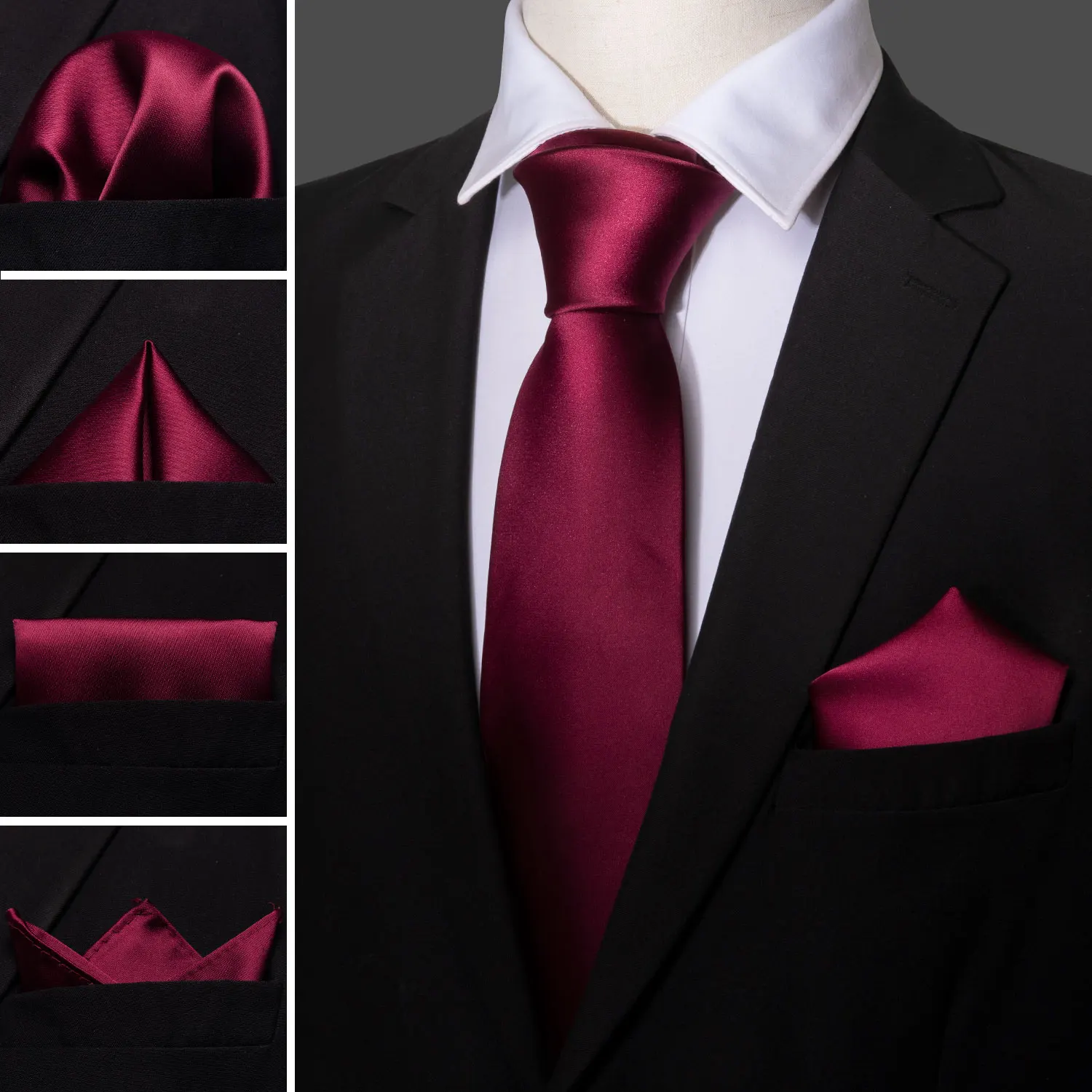 Barry.Wang Set aus einfarbiger Herren-Krawatte, Einstecktuch und Manschettenknöpfen, glatte, einfarbige Krawatte für Männer, Hochzeit, Business, Party, hochwertiges Seidengeschenk – Detail 3