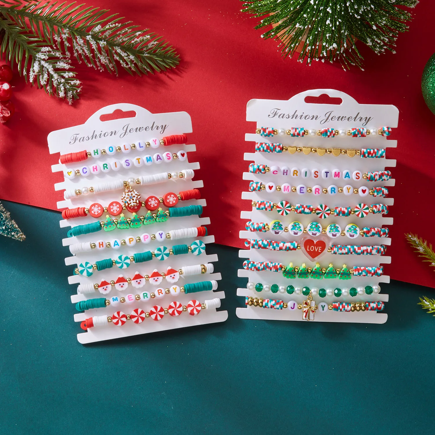 10-teiliges buntes weiches Tonperlen-Weihnachtsarmband-Set für Frauen, Weihnachtsmann, Weihnachtsbaum, Schneeflocke, stapelbare Armbänder, Schmuck – Detail 3