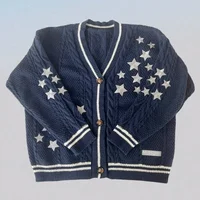 Midnight Dark Blue Cardigan Women Casual Fashion Star Embroidery Sweaters Femmes Autumn Winter Loose Fit Knitted Cardigans Tops 1