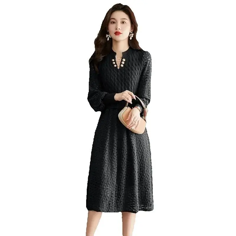 Autumn and Winter Woolen Dress New Women's Knitted Elegant Fashion Style Splicing Skirt Slim fit Medium length Dress for Outwear