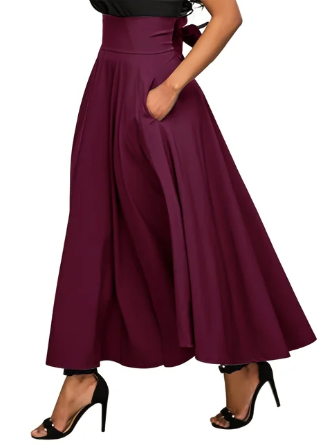Nouvelles robes couleur unie jupes trapèze pour femme vêtements taille haute élastique jupe longue femmes avec nœud jupes élégantes pour femmes 1