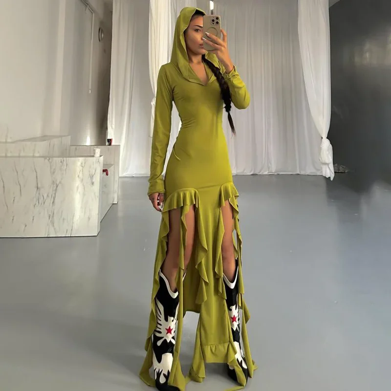 

Женское Однотонное Платье макси с оборками и лентой с капюшоном, модные сексуальные облегающие повседневные длинные платья с V-образным вырезом и длинным рукавом, уличная одежда