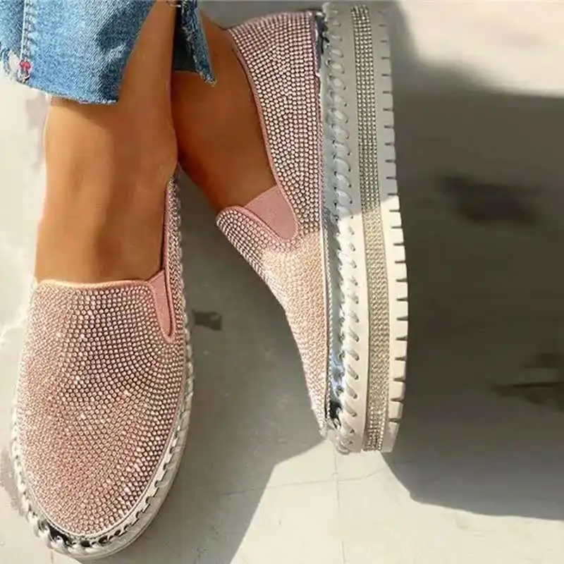 Women's Fashion Shoes Spring Flats Rhinestone Bling Sewing Platform Loafers Luxury Shoes Casual Comfortable Female