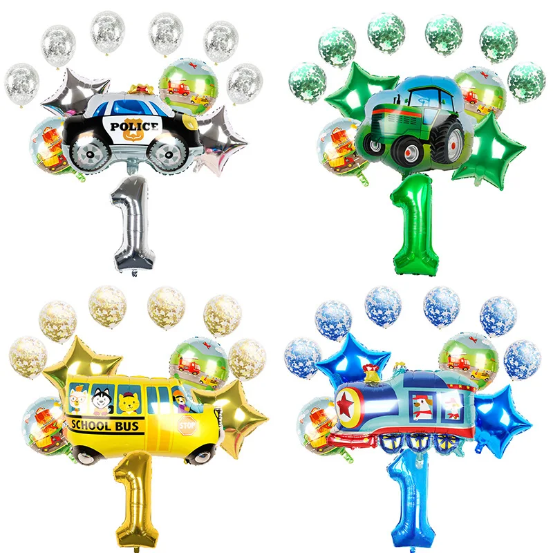 

1 Year Boy Birthday Balloons Train School Bus Fire Truck Tractor Bulldozer Excavator Foil Balloons for Kids Gender Reveal Party