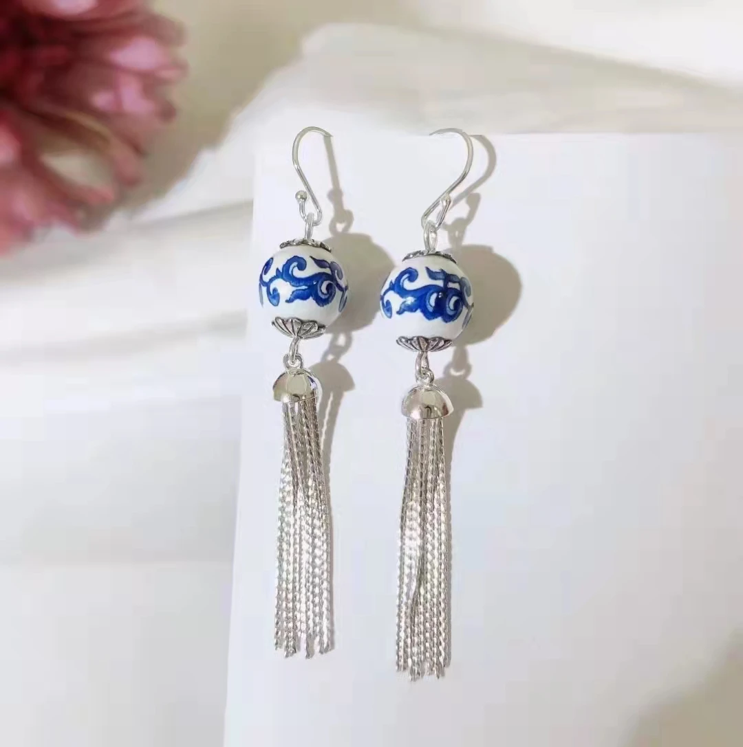 

925 Sterling Silver National Style Blue And White Porcelain Fringe Earrings Vintage Statement Tassel Ethnic
