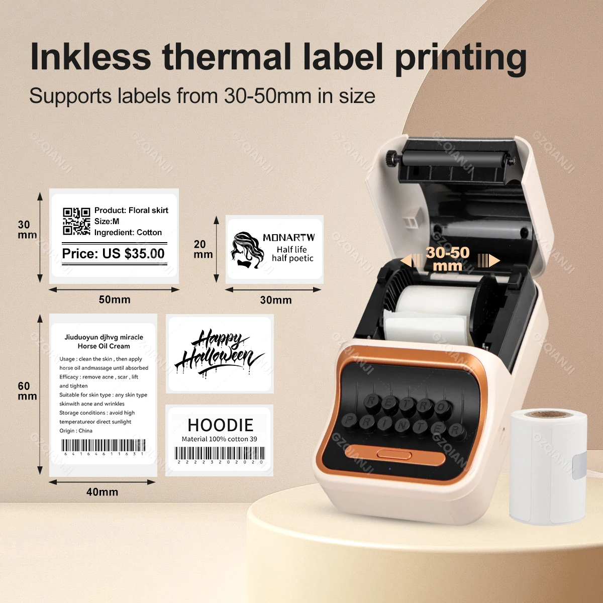 Mini Portable Thermal Label Printer 20-50mm Width Bluetooth Printing or Color Cable Transparent Sticker Labeller Maker Paper