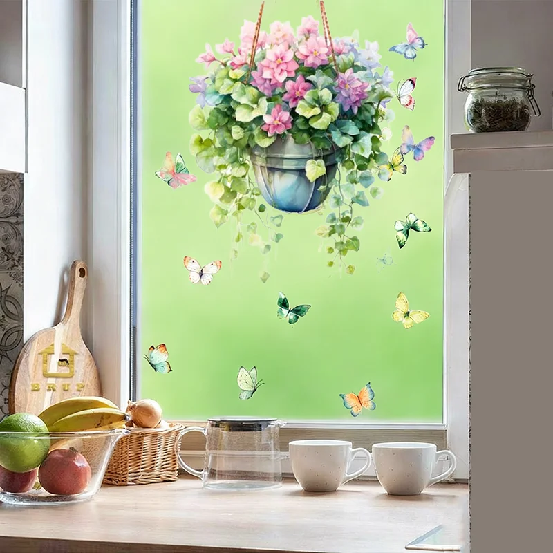 40x60cm Fresh Window Flower Basket Decals Static Cling Glass Films for Room Decor Home Decoration Stickers