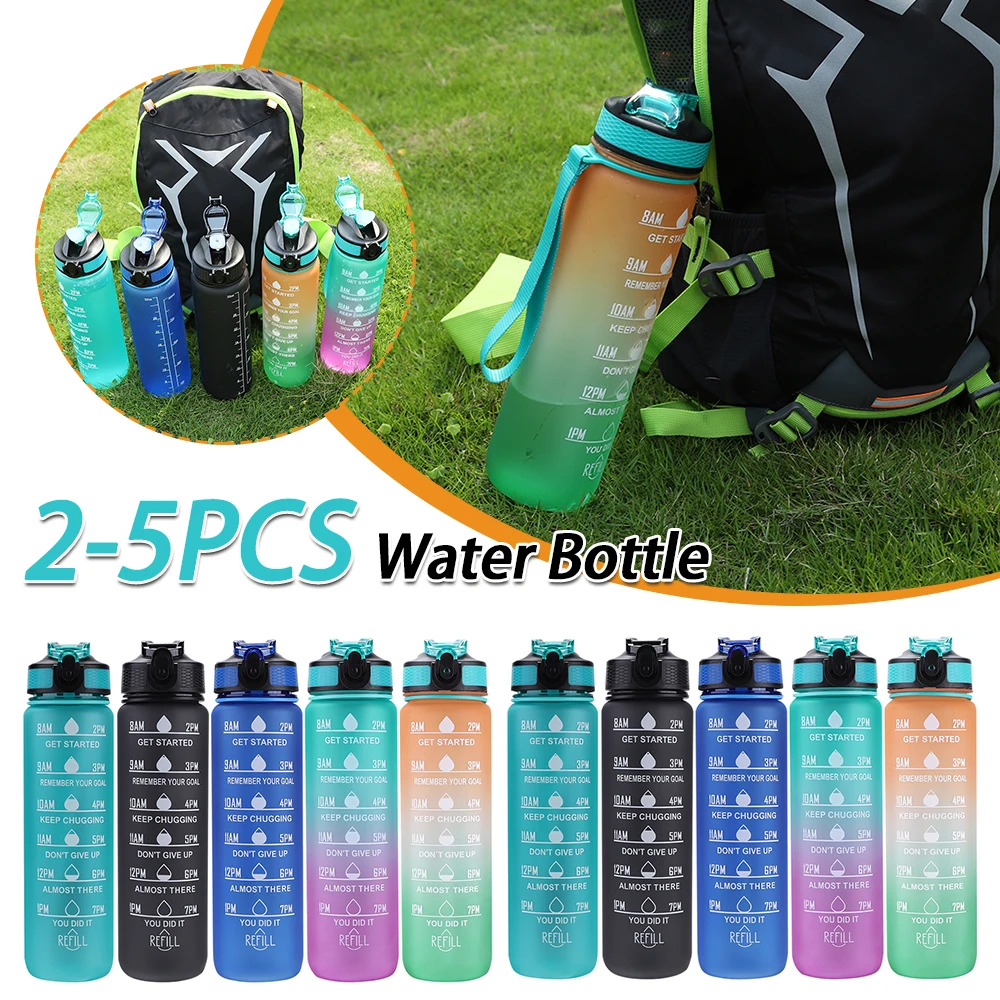 2-5PCS 1000ml Plastic Frosted Cup Leakproof Straw Water Bottle BPA-Free Portable Drinking Cup with Time Scale Fitness Cycling